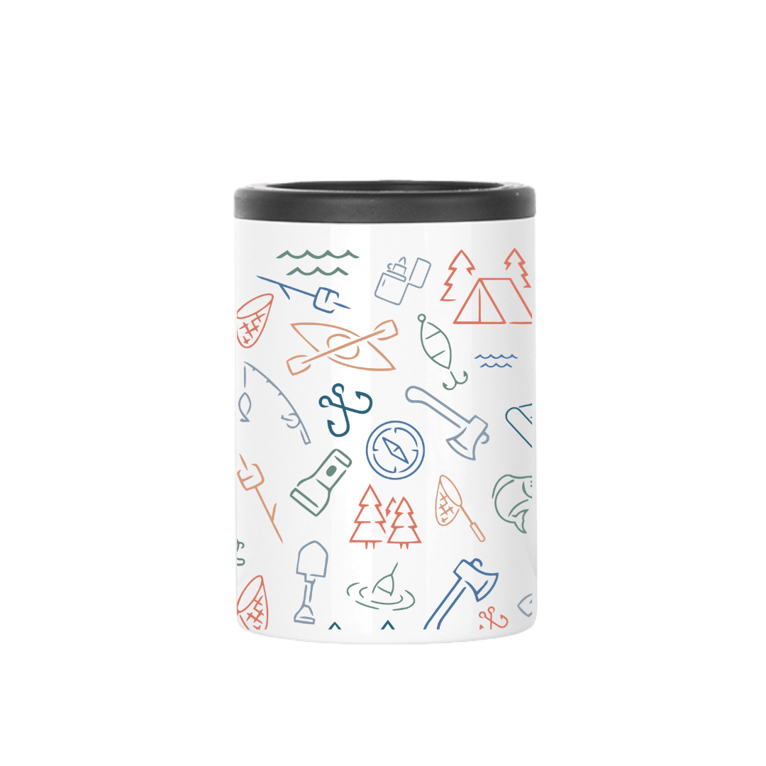 Insulated Can Cooler | Colorful Camping Icon Wrap