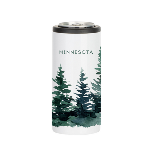 Insulated Skinny Cooler | Watercolor Pines Wrap w/ MINNESOTA